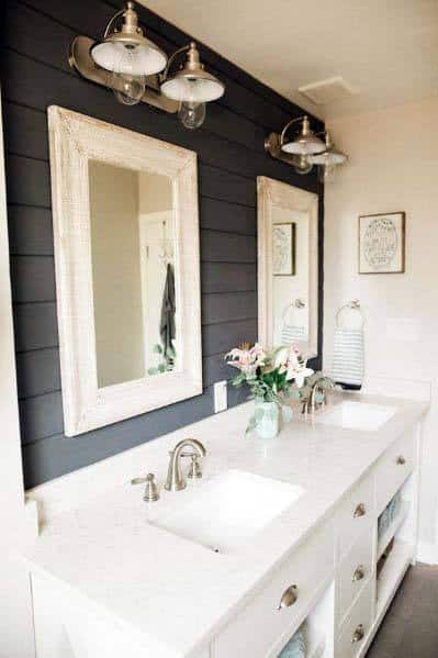 black shiplap feature wall in bathroom