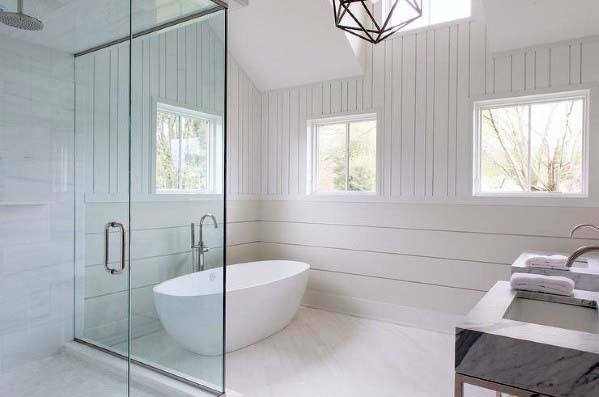 vertical and horizontal shiplap walls in modern luxury bathroom