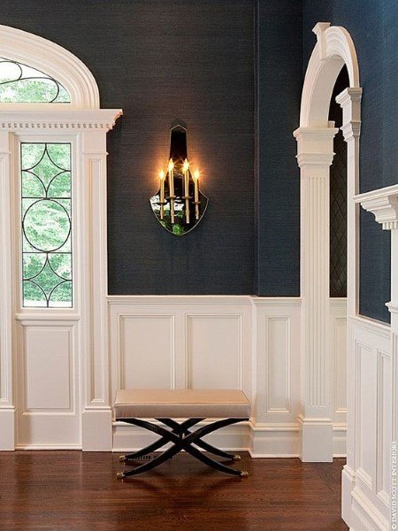 white wainscoting blue wall accent chair