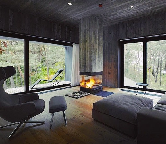 Modern living room with wooden walls, corner fireplace, sleek armchair, and large glass doors.