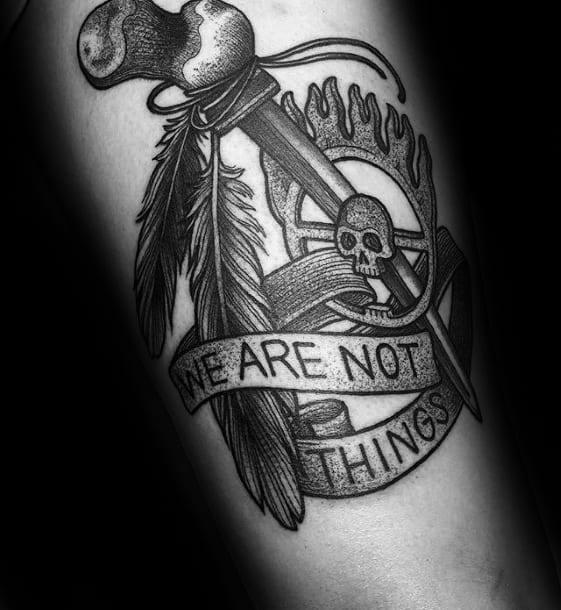 Mad Max We Are Not Things Quote Arm Tattoo Design On Man