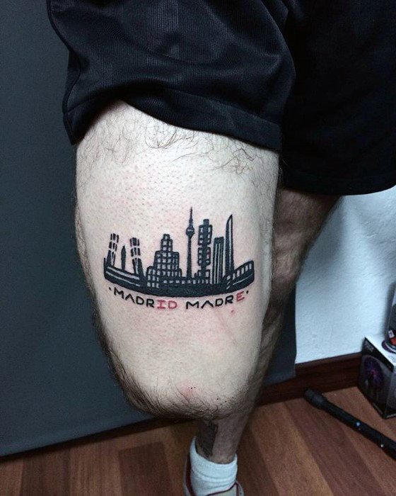 Madrid Made Skyline Coolest Small Mens Thigh Tattoo