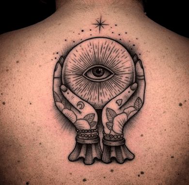 Tattoo of an all-seeing eye inside a crystal ball, held by ornate hands with celestial details, inked in black and grey on the upper back.