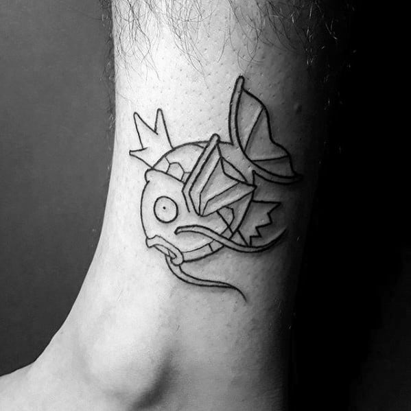 Minimalist black line Magikarp tattoo on the ankle, featuring clean outlines and a simple, bold design.
