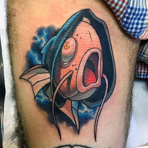 Dramatic Magikarp tattoo with a dark cloak and glowing blue lightning, giving a powerful, mysterious twist to the character.