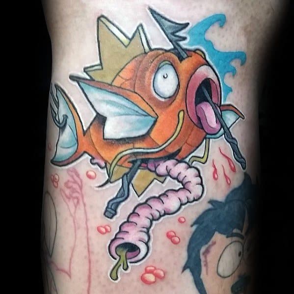 Cartoon-style Magikarp tattoo humorously hooked on a worm bait, with exaggerated features and vibrant splashes of color.