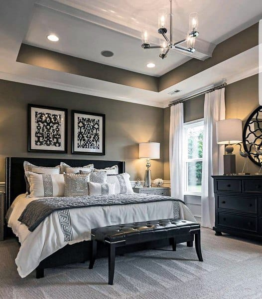 coffered ceilign master bedroom black ottoman 