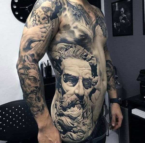 Magnificient Greek God Realism Tattoo Mens Torso And Sleeve