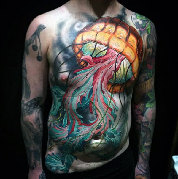 Magnificient Lighted Jellyfish With Colored Squiggles Tattoo Male Torso