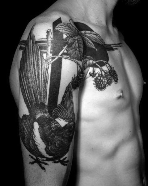 Black and gray magpie tattoo sleeve featuring a detailed bird in flight, bold geometric elements, and hanging berries for a striking composition.