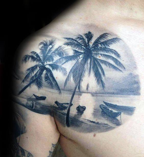 Alt text: Detailed black and grey tattoo of two palm trees, a calm beach scene with boats, and a serene sky, capturing a peaceful tropical atmosphere.