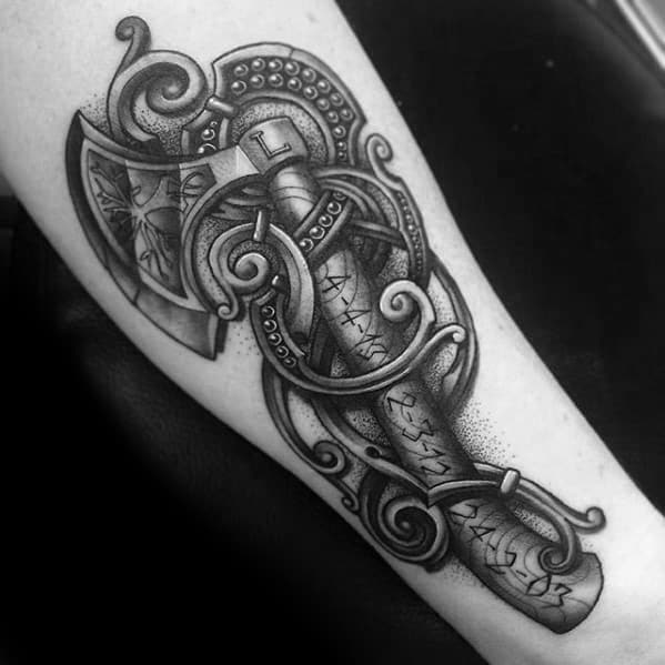 Male 3d Cool Axe Tattoo Ideas Inner Forearm