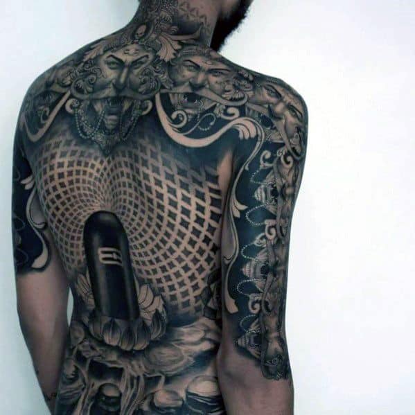 Male 3d Geometric Back Tattoo Ideas