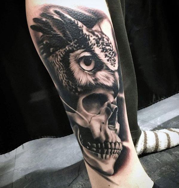 Male 3d Leg Cool Owl Skull Tattoo Ideas