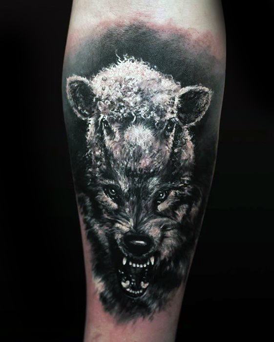 Male 3d Realistic Forearm Wolf In Sheeps Clothing Tattoo Ideas
