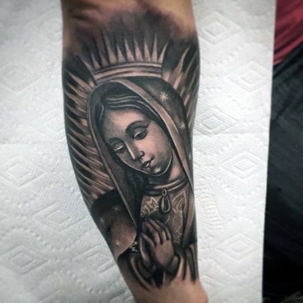 Male 3d Shaded Guadalupe Tattoo Design Inspiration On Outer Arm