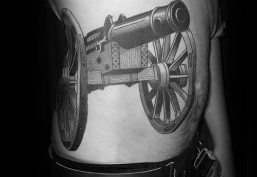 Male 3d Tattoo With Giant Cannon Design On Rib Cage Side