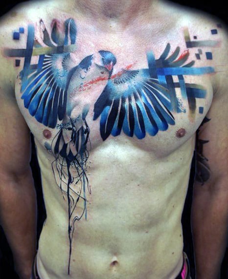 Male Abstract Bird Tattoos On Chest