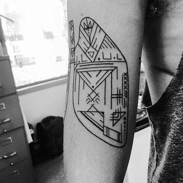 Male Abstract Black Ink Lines Inner Arm Lung Tattoo Design Inspiration