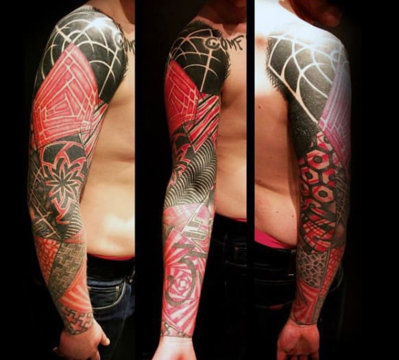 Male Abstract Red Ink Sleeve Tattoo Design Ideas