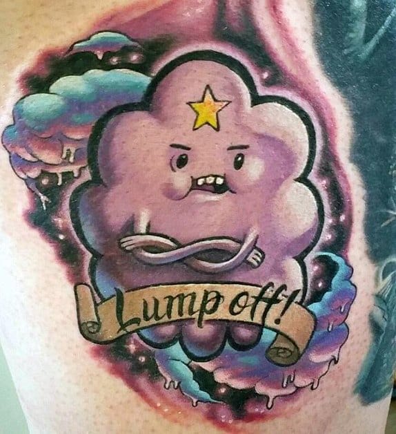 Adventure Time tattoo of Lumpy Space Princess with crossed arms, surrounded by a cosmic background and a banner reading "Lump off!"