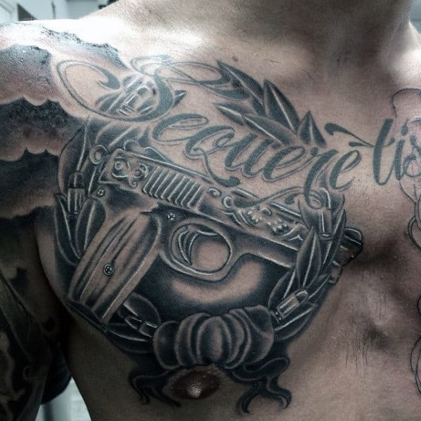 Male Aesthetic Pistol Tattoo Design On Chest