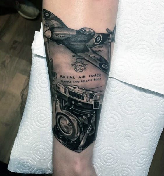 Male Air Force And Camera Tattoo On Forearms