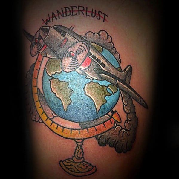 Male Airplane Flying Over Globe Wanderlust Thigh Tattoo Designs