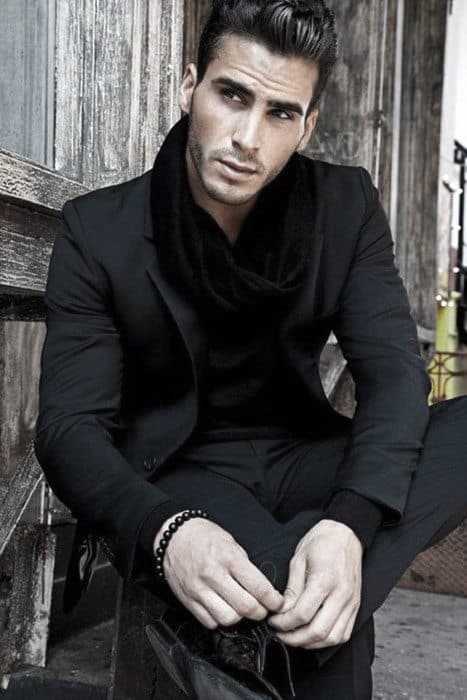 Male All Black Outfits With Suit And Scarf