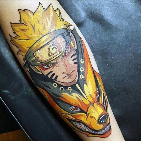Tattoo of Naruto with spiky blond hair and a fox-like creature on a person's arm