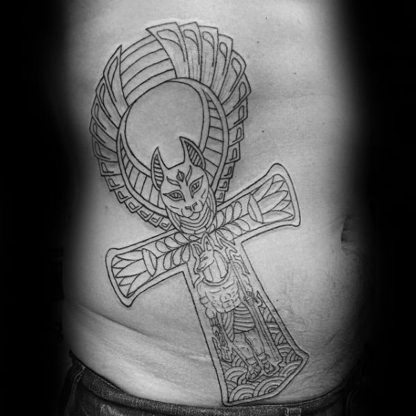 Male Ankh Rib Cage Side Outline Tatoo
