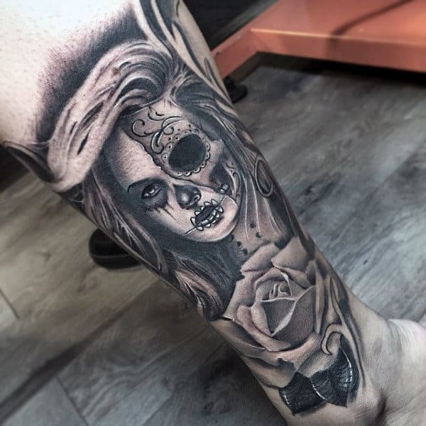 Male Ankles One Eyed Lady And Rose Day Of The Dead Tattoo