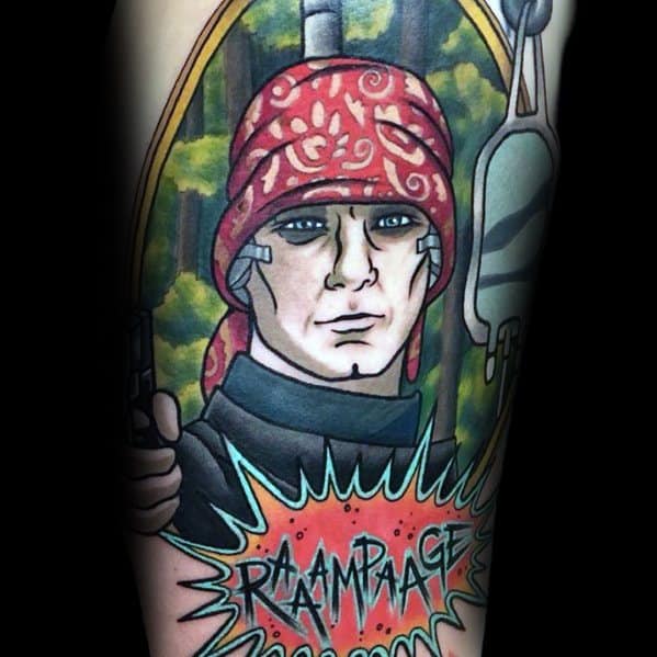 Vibrant Archer tattoo featuring the spy in a red bandana, holding a gun, with a jungle backdrop and 'RAMPAGE' in bold comic-style text.