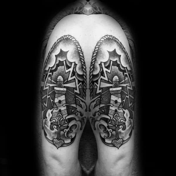 Male Arm Lighthouse Tattoo With Thunderstorm Design