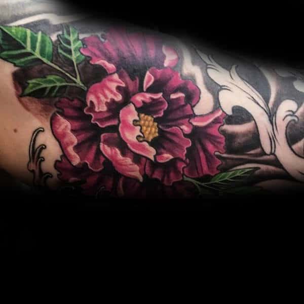 Male Arm Peony Flower Tattoo Design Ideas