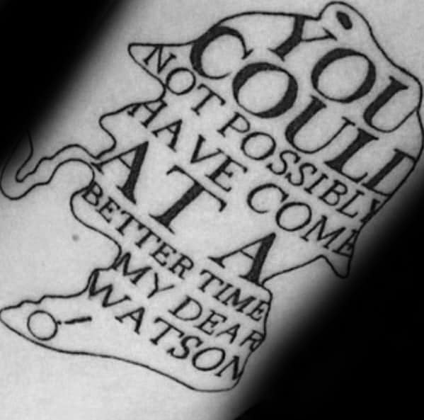 Sherlock Holmes-like outline tattoo with his silhouette, iconic pipe, and quote