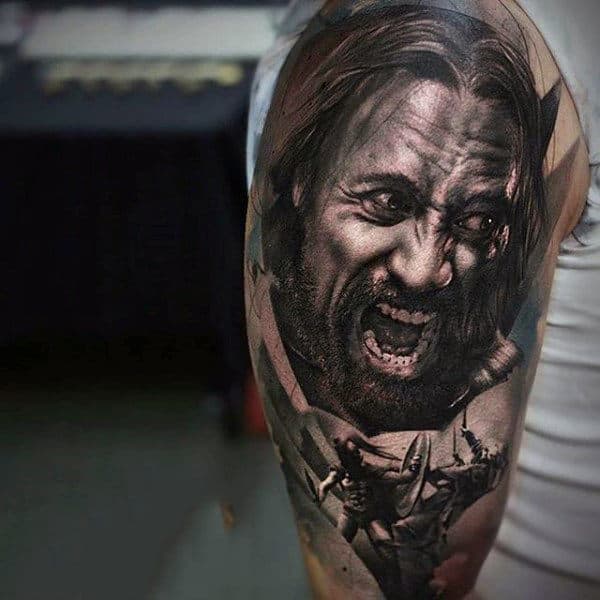 Male Arms Black And Grey Screaming Man Face Tattoo