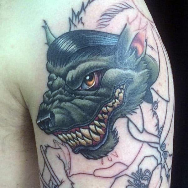 Male Arms Black Werewolf Head Tattoo
