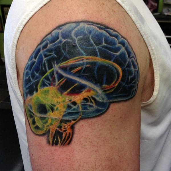Male Arms Blue Brain With Swirls Tattoo Design Ideas