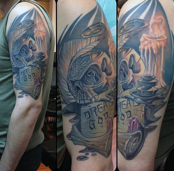 Male Arms Burning Candle New School Tattoo
