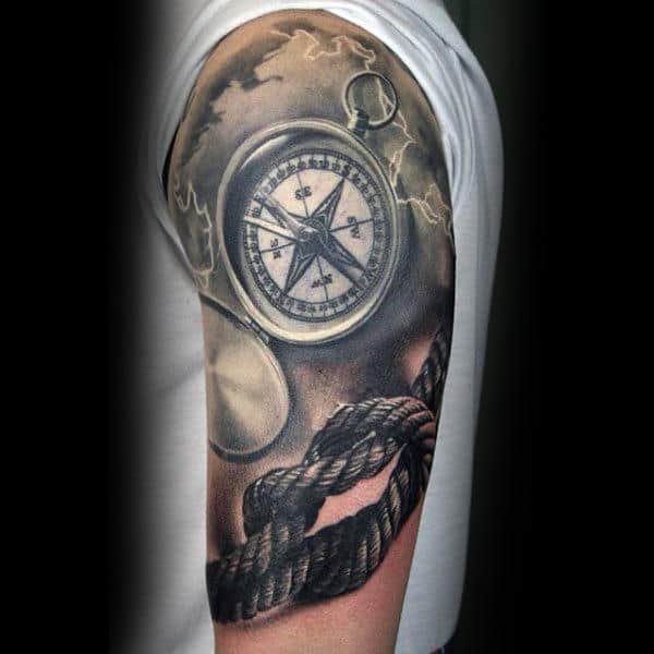 Male Arms Compass Rope Tattoo