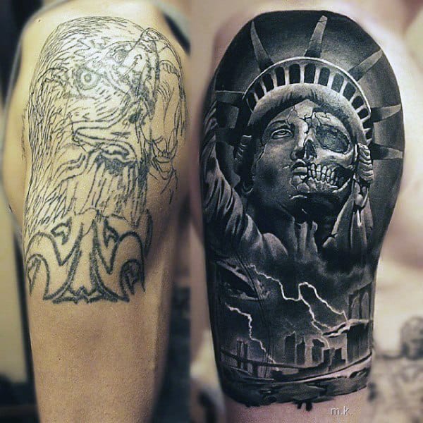 Male Arms Cracked Statue Of Liberty Realism Tattoo