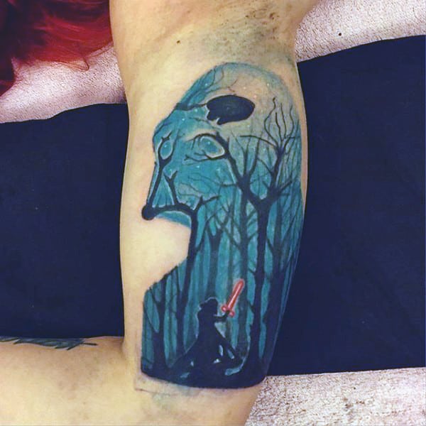 Male Arms Darth Vader Light Saber Trees Tattoo