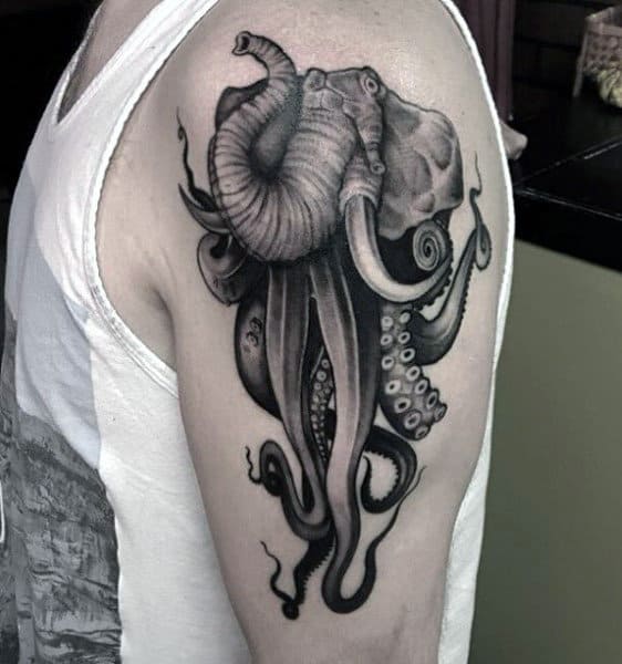 Male Arms Elephant And Squids Tattoo