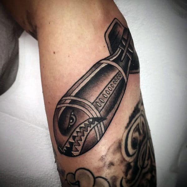 Male Arms Grey Black Bomb Tattoo