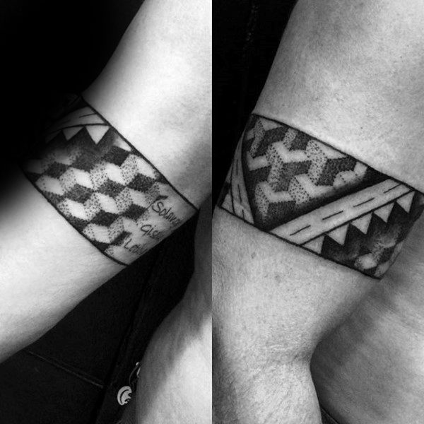 Male Arms Grey Dotwork Ribbon Tattoo