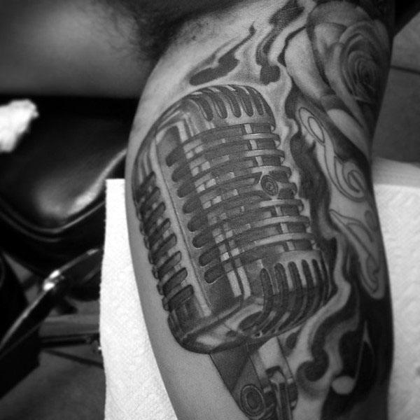 Male Arms Grey Microphone Tattoo