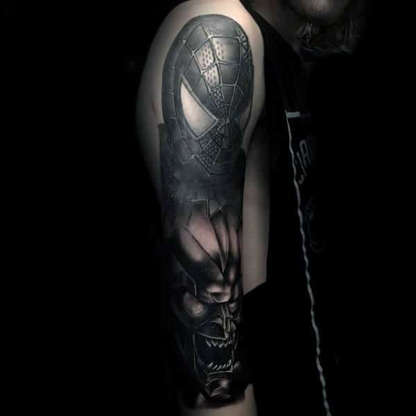 Male Arms Grey Shiny Spiderman Tattoo