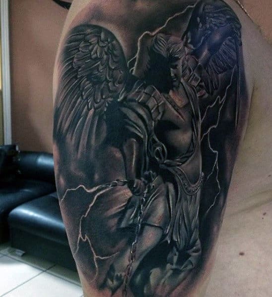 Male Arms Guardina Angel Fighting Evil Tattoo