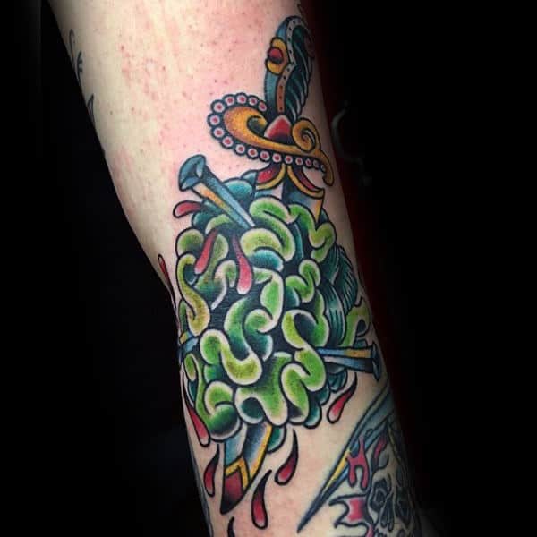 Male Arms Knife Through Green Brain Tattoo